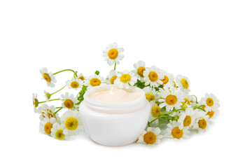 Jar of body and hand cream with chamomile flower isolated on white background. Herbal dermatological cosmetic hygiene cream. Natural cosmetic product. Beauty concept. Cosmetic tube.MOCKUP.