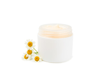 Jar of body and hand cream with chamomile flower isolated on white background. Herbal dermatological cosmetic hygiene cream. Natural cosmetic product. Beauty concept. Cosmetic tube.MOCKUP.