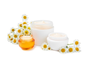 Obraz na płótnie Canvas Jar of body and hand cream with chamomile flower isolated on white background. Herbal dermatological cosmetic hygiene cream. Natural cosmetic product. Beauty concept. Cosmetic tube.MOCKUP.