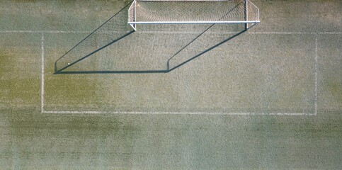 Aerial view of an empty soccer goal in the field