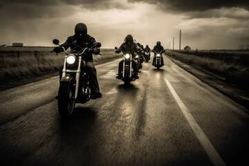 Gang of bikers riding an offside road at dusk