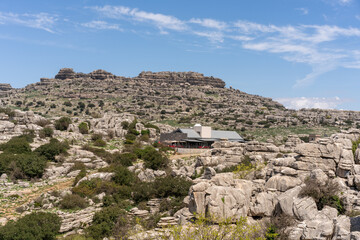 Fototapeta na wymiar Tourist information center of limestone rock formations El Torcal de Antequera nature reserve, in Spain
