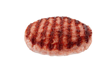 Ground beef meat patty or burger with blackened grill marks isolated transparent png. Hamburger...