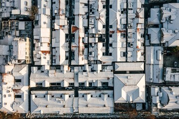 Aerial shot of buildings covered in snow in Wuhan, China.
