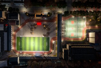 Aerial shot of the cityscape of Wuhan at nighttime, China.
