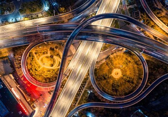Aerial shot of the cityscape of Wuhan at nighttime, China.
