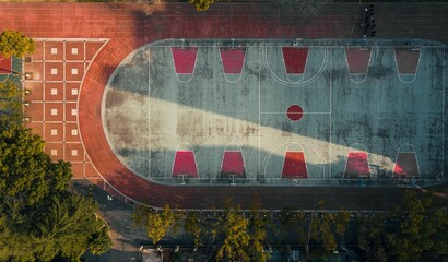 Aerial top view of a large basketball court with many hoops