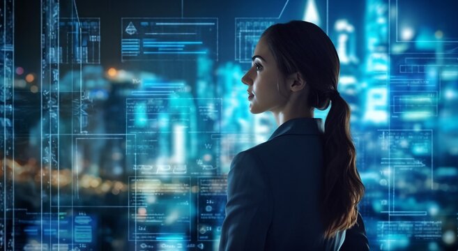 Business woman,leader entrepreneur, professional manager looking forward, among digital hologram representing online network and artifical intelligence, generative ai