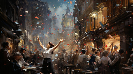 A joyful moment frozen in time, with confetti raining down on a jubilant crowd as they celebrate the arrival of the New Year 