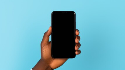 Hand male holding smartphone isolated on blue background created with Generative AI technology