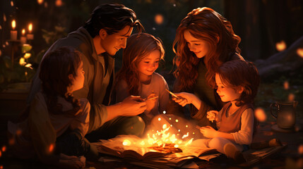 A heartwarming image of a family huddled around a bonfire, roasting marshmallows and sharing stories as they count down to the New Year 