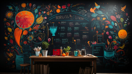 An artistic composition of New Year's resolutions written on a chalkboard, each goal surrounded by colorful illustrations 
