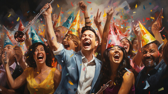 A playful scene of people wearing festive party hats and blowing colorful party horns, exuding sheer joy and excitement 