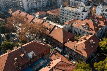 Aerial view of a vibrant urban landscape: century-old historical buildings in Wuhan