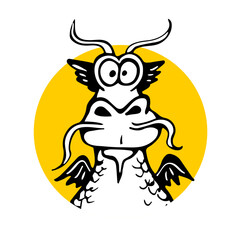 Crazy Dragon sign of 12 eastern zodiac animals for chinese new year horoscope in yellow circle in avatar doodle style