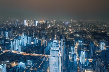 Obraz premium Aerial view of cityscape Wuhan surrounded by buildings