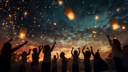 Fototapeta na wymiar An image of friends releasing lanterns into the sky, each carrying a unique message or wish for the upcoming year 