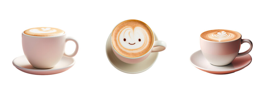 Minimalist white cup with textutransparent background and a joyful latte inside
