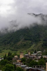 Aerial view of a town in green mountains in Mestia, Georgia