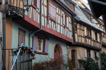 Charming Street with Old Houses in Beautiful village Eguisheim, in christmas time, Alsace, France