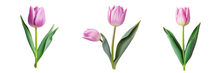 Pink and purple tulip with green leaves on transparent background blooming in spring woman s affection for flowers on Valentine s Day