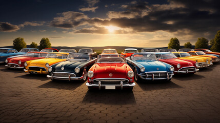 retro cars of different colors in the parking lot. retro car exhibition. AI Generated.