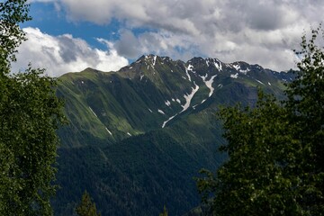 Fototapeta premium Idyllic landscape of a picturesque mountain range in Hatsvali, Georgia