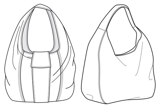 Hobo bag flat sketch fashion illustration drawing template mock up, Shoulder bag cad drawing. Carry bag flat sketch vector