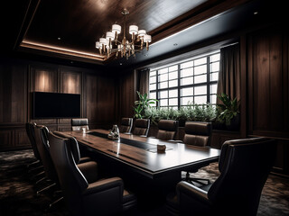 Dark wood conference room with a sophisticated design. AI Generated.