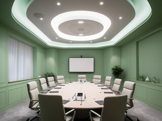 Fresh green conference room, well-furnished. AI Generated.