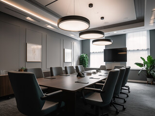 Contemporary grey conference room, elegant design. AI Generated.