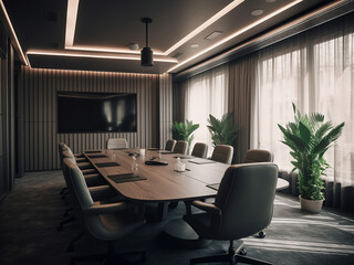 Furniture-rich modern conference room, well-lit ambiance. AI Generated.