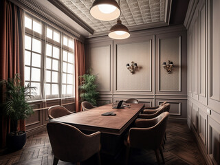 Vintage-inspired Provence conference room, curated furniture. AI Generated.