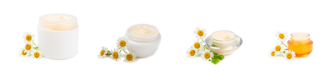 Fototapeta na wymiar Jar of body and hand cream with chamomile flower isolated on white background. Herbal dermatological cosmetic hygiene cream. Natural cosmetic product. Beauty concept. Cosmetic tube.MOCKUP.