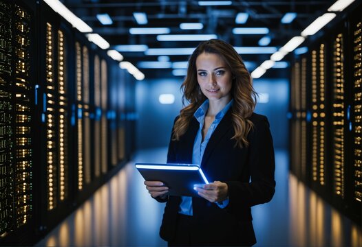 Young woman checks server operation and automation in a data storage room with her tablet