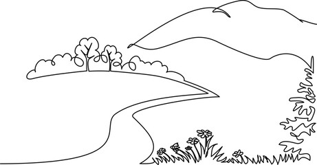 Landscape with flowers trees and mountains. Single one line drawing