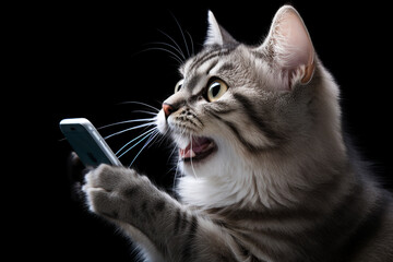 The cat with a surprised face. looking at the smartphone computer screen and showing a very astonished look.