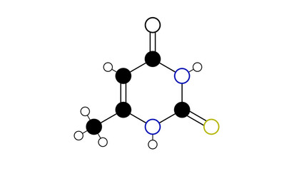 methylthiouracil molecule, structural chemical formula, ball-and-stick model, isolated image antithyroid preparation