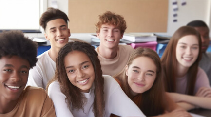 Obraz premium Multiracial teenage students enjoying an interesting and participative class in the high school classroom.