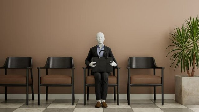 Futuristic female android robot sitting on a chair and waiting for a job interview, AI and innovation concept. 3d animation, speed motion
