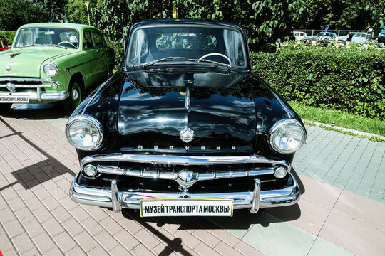Moskvich-402 car made in USSR 1950s. Retro auto Moskvich 402 parked on street, front view