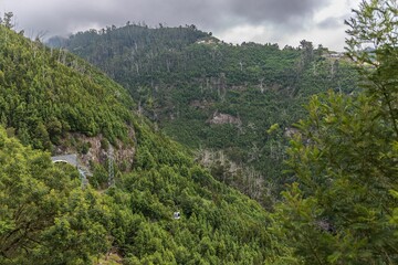 Fototapeta na wymiar Aerial view of a majestic lush green forest under the cloudy sky ,Madeira Island, Funchal