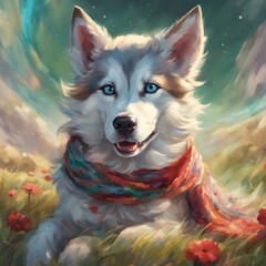 Cute husky dog ​​in a knitted scarf lies in a field with poppies Watercolor Art