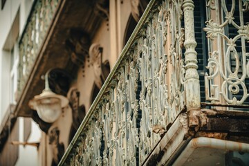 Low angle shot of a historic vintage balcony design in Funchal, Madeira Island, Portugal