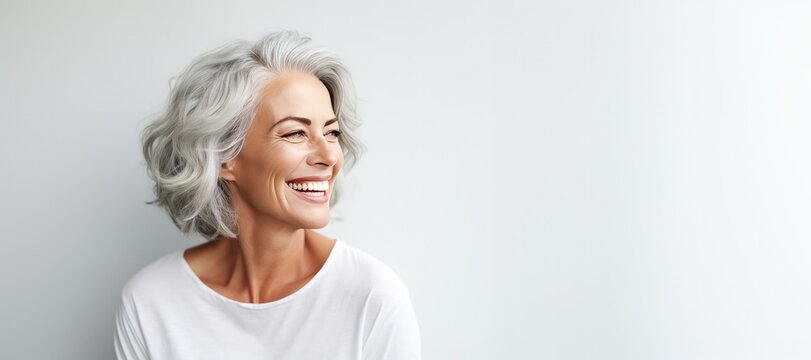 Portrait of a Mature Beautiful Woman Looking Right on a Grey Background with Space for Copy. Haircare, Skincare, Healthy Living