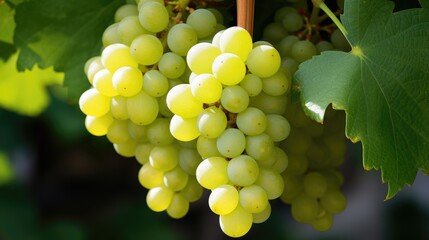 Close up of grapes hanging on branch. Grapes farm. Tasty green grape bunches hanging on branch. created with Generative AI technology