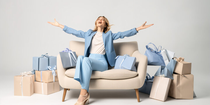 Elated and jubilant, a shopping enthusiast woman sits on an armchair, surrounded by numerous shopping bags.