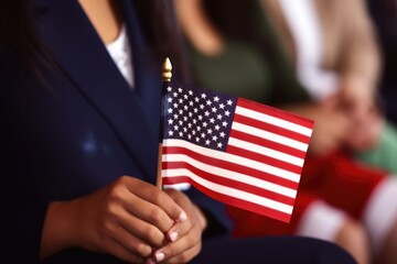 Female immigrant holding a small US flag the day of her naturalization 