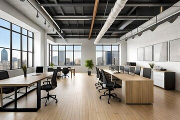 Interior of modern empty office building Open ceiling design and black chairs and table
