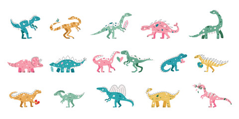 Flat hand drawn vector illustrations of dinosaurs